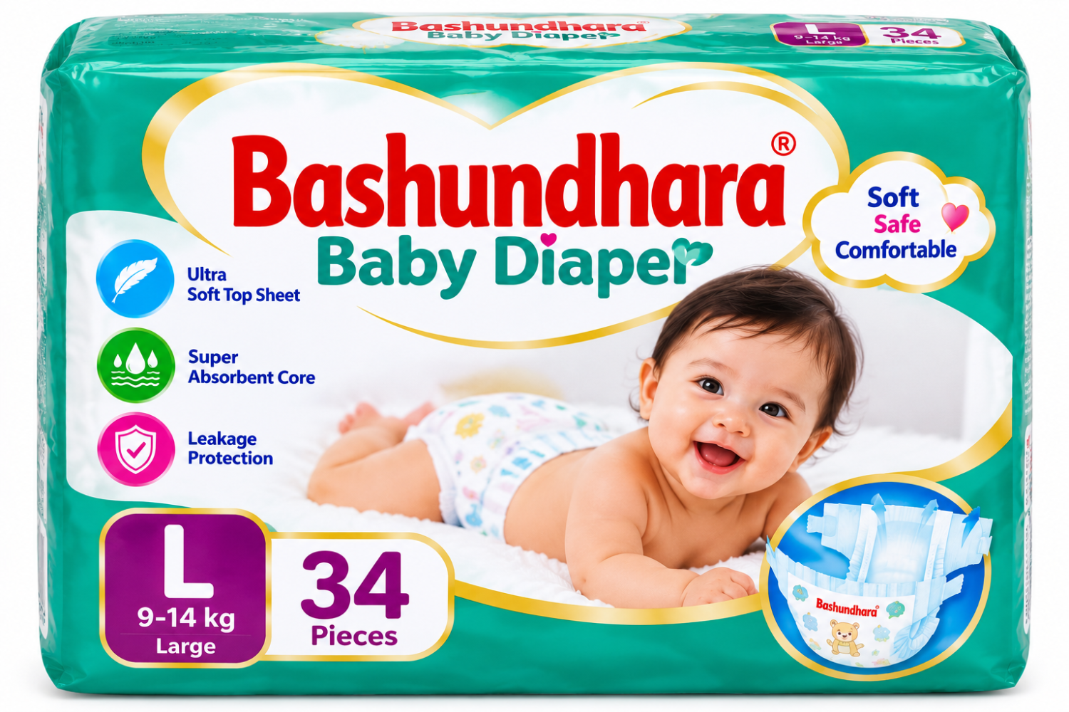 Bashundhara Baby Diaper — 34 পিস, সাইজ L