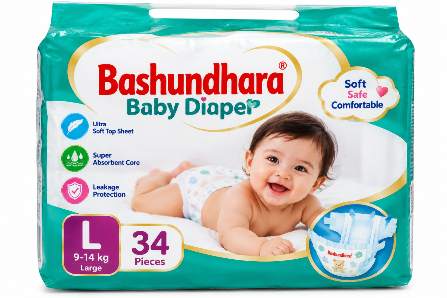 Bashundhara Baby Diaper — 34 পিস, সাইজ L